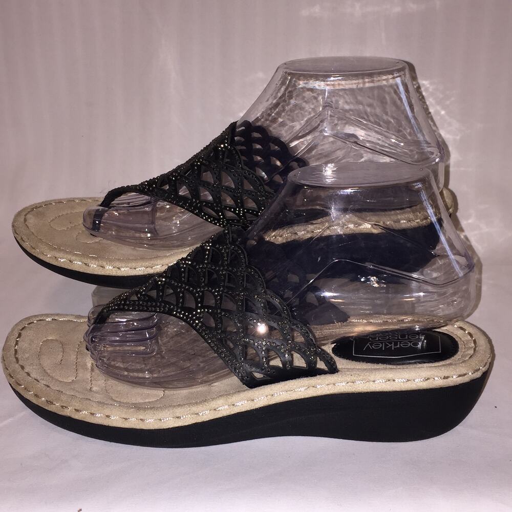 BERKLEY JENSEN Thong Sandals Black Cut Out Pattern w/Rhinestones